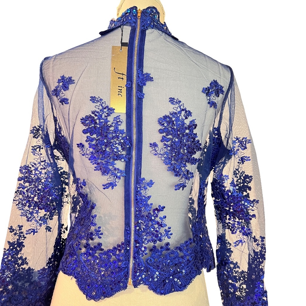 #A030   FT INC Royal Blue Lace Embroidered Sequin Sheer Top – Size XL – New - Picture 4 of 12